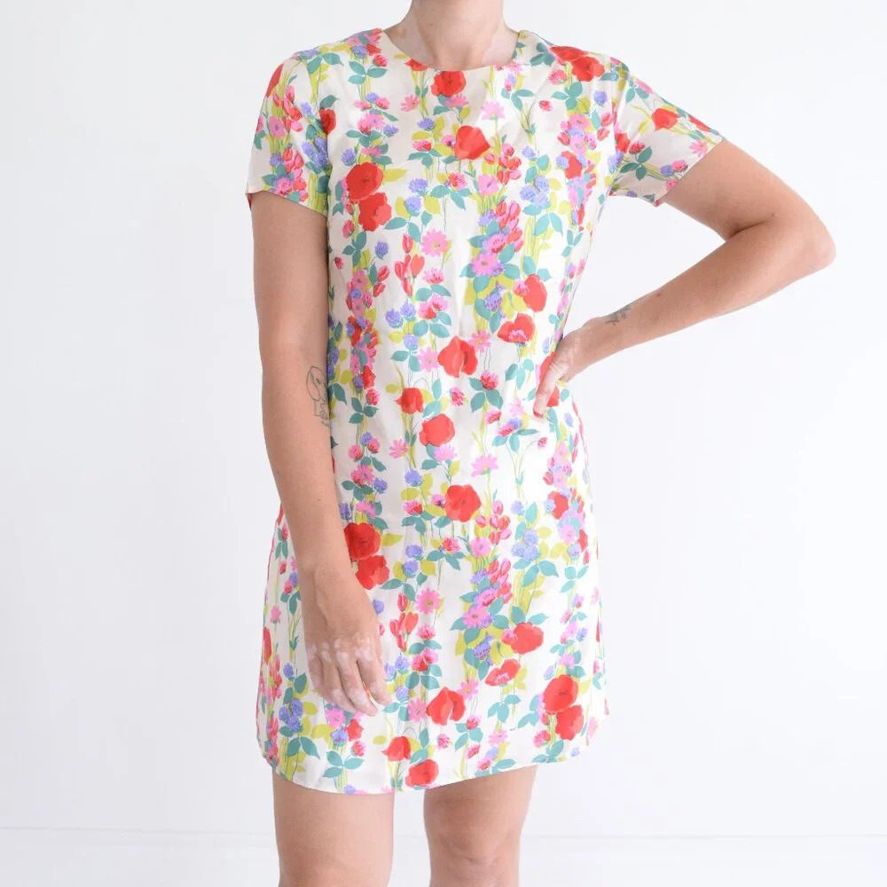Flora Bea  NYC Cream Red Floral Siesta Beach Everest Silk Twill Mini Dress S NWT